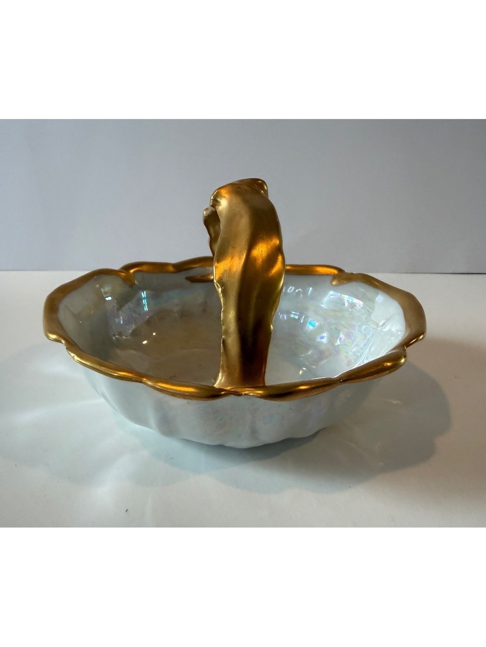Antique PALT Czechoslovakia Porcelain Basket Iridescent Gold Gilt 1919-1938